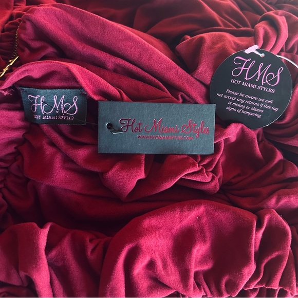 Hot Miami Styles Sexy Burgundy Ruched Long Sleeve Dress Size Medium Back Zipper - Picture 4 of 5